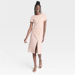 Women's Short Sleeve Side Ruched Knit
Dress - A New Day Beige L